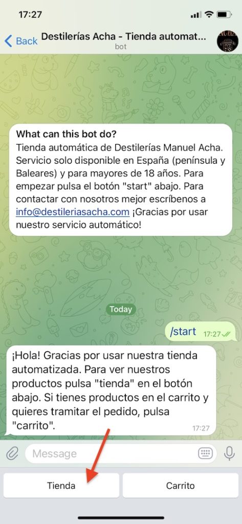 Telegram @DestileriasAcha_bot start